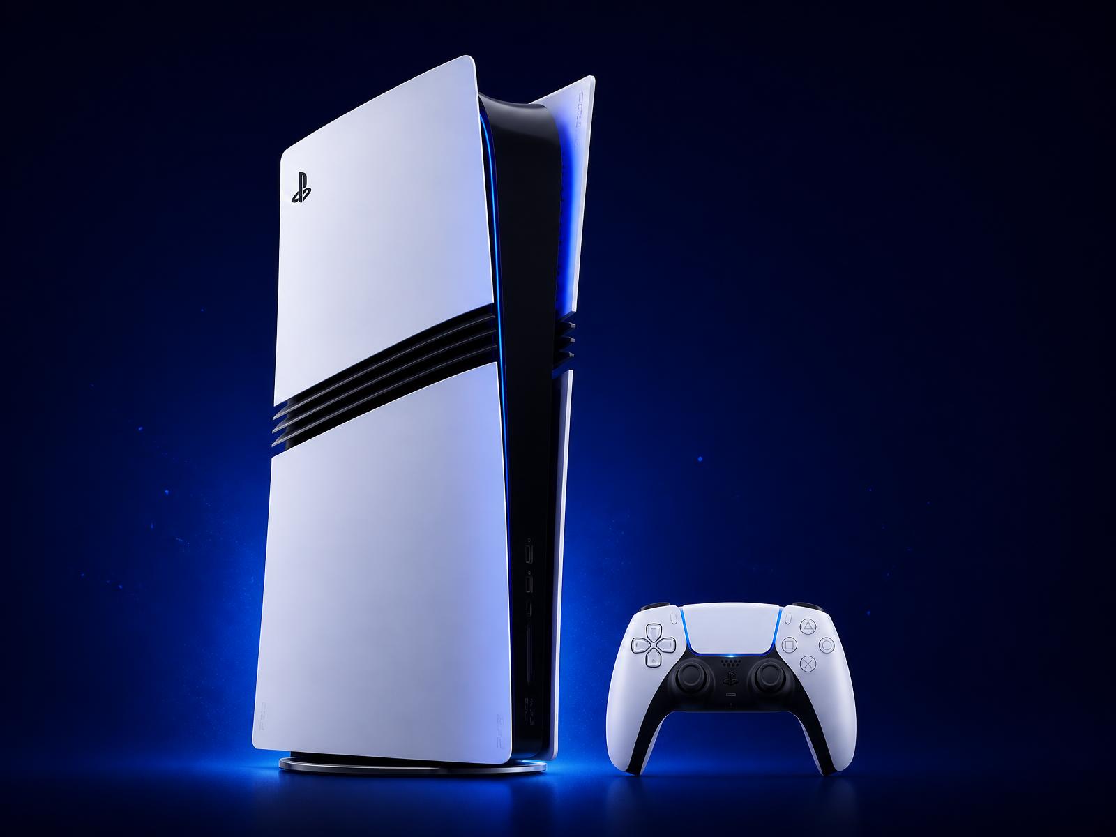 PS5 Pro konzol kontrollerrel kék fényben